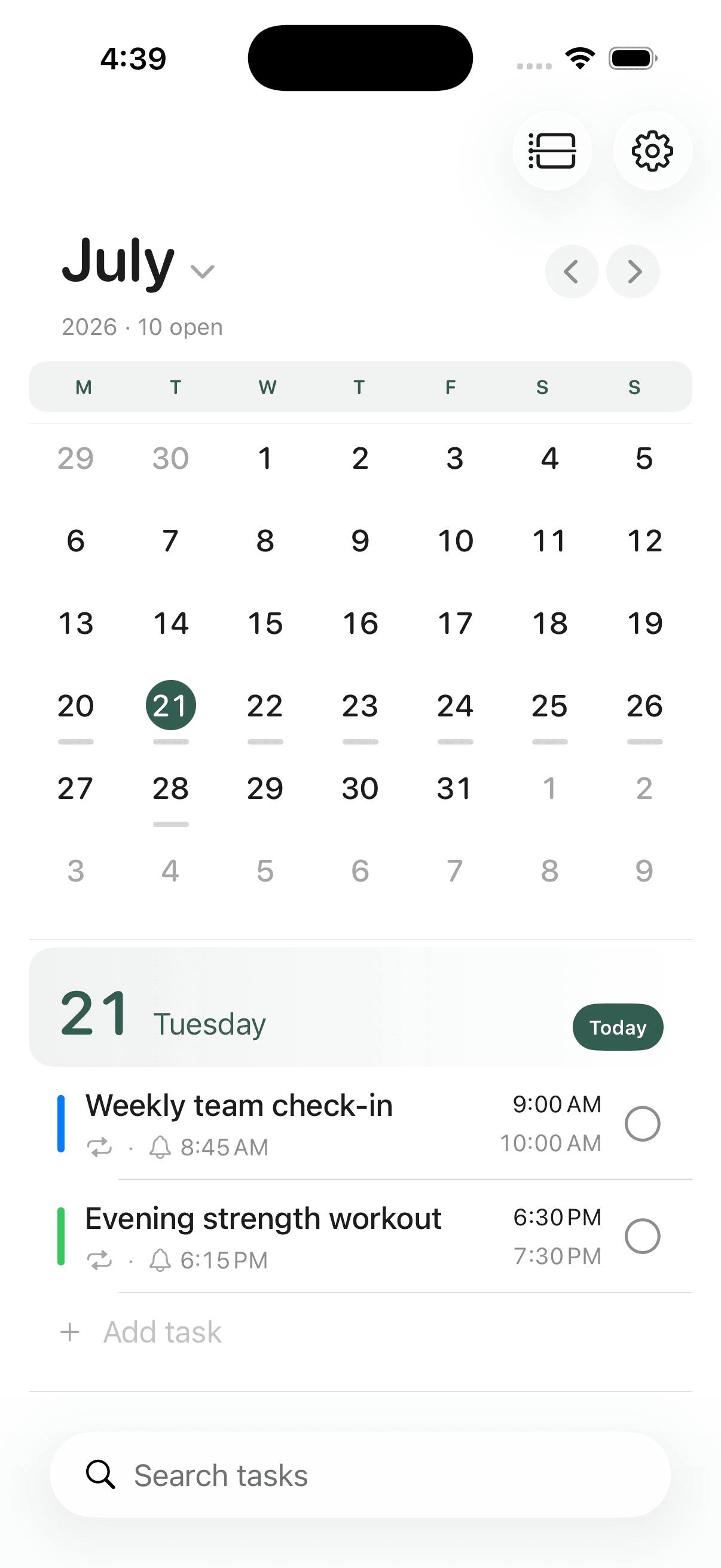 EverDay month view with open tasks